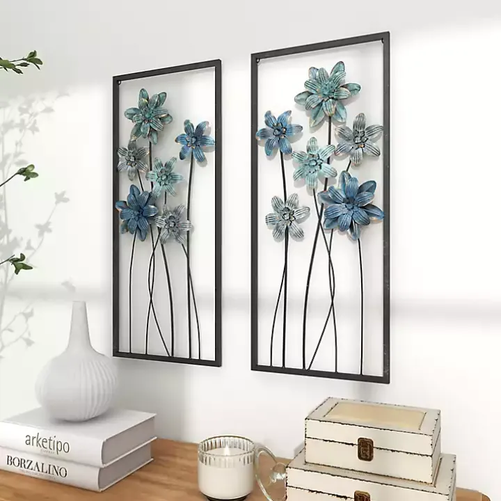 Blue Metal Floral Panel Wall Plaques, Set of 2