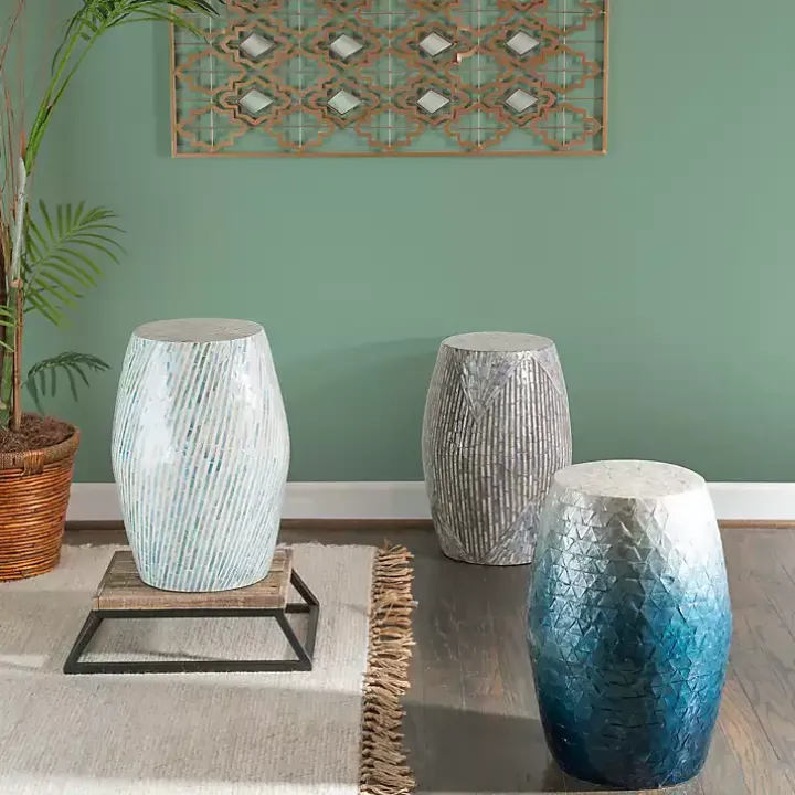 Blue Ombre Mosaic Capiz Shell Drum End Table