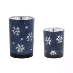 Blue Snowflake Glass Candle Holders, Set of 2