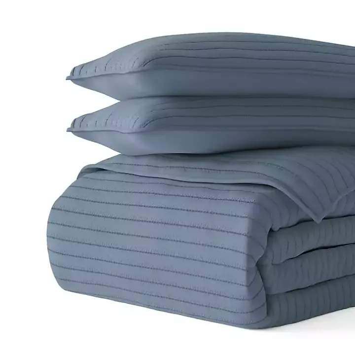 Blue Stitched Stripes 3-pc. Queen Quilt Set