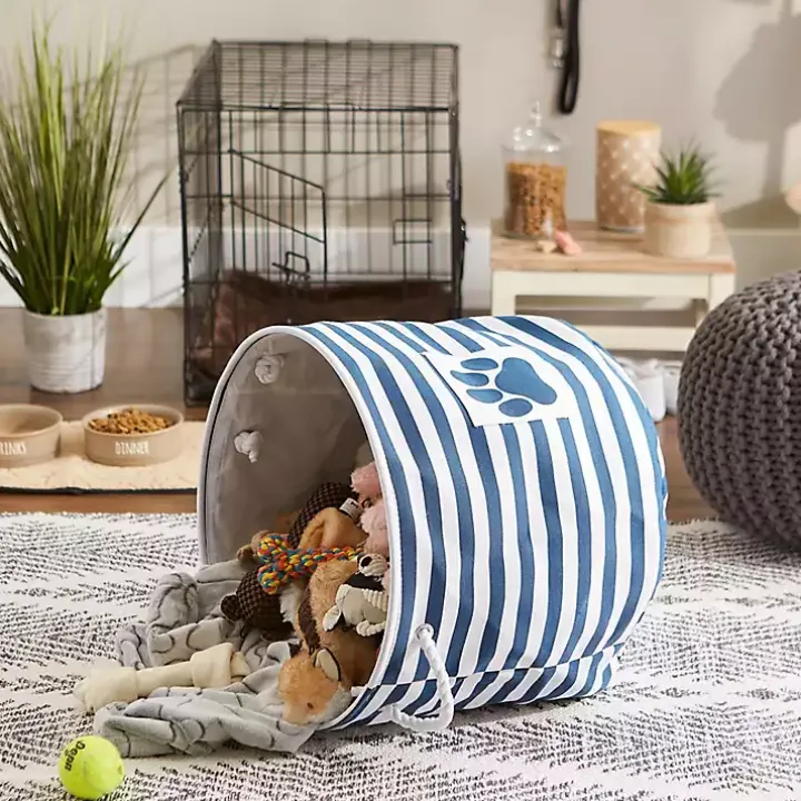 Blue Striped Paw Large Round Pet Bin