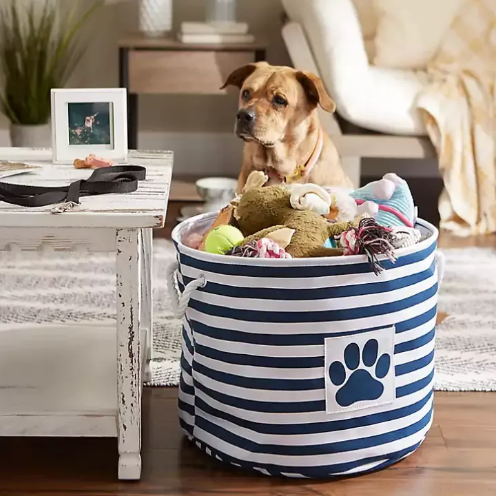 Blue Striped Paw Large Round Pet Bin