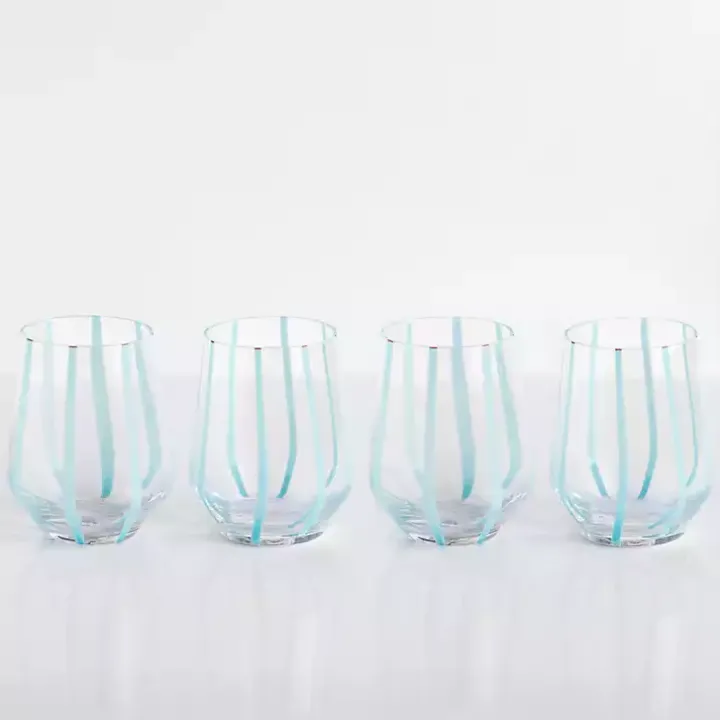 Blue Striped Stemless Wine Glasses, Set of 4