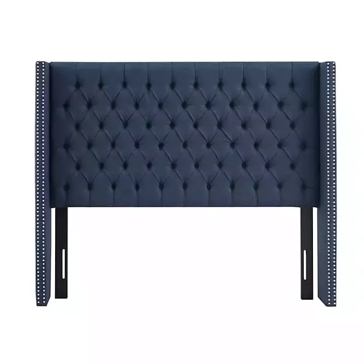 Blue Tufted Upholstered Metal Leg Queen Headboard