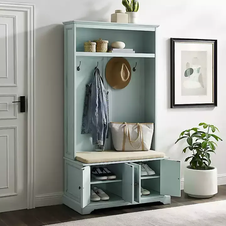 Blue Wood Hall Tree with Cushioned Bench
