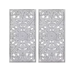 Botanical Wood Carved Panel Wall Plaques, Set of 2