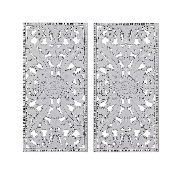 Botanical Wood Carved Panel Wall Plaques, Set of 2