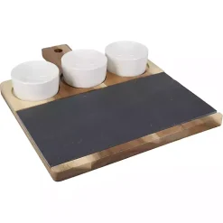 3-Bowl Slate and Wood Serving Board
