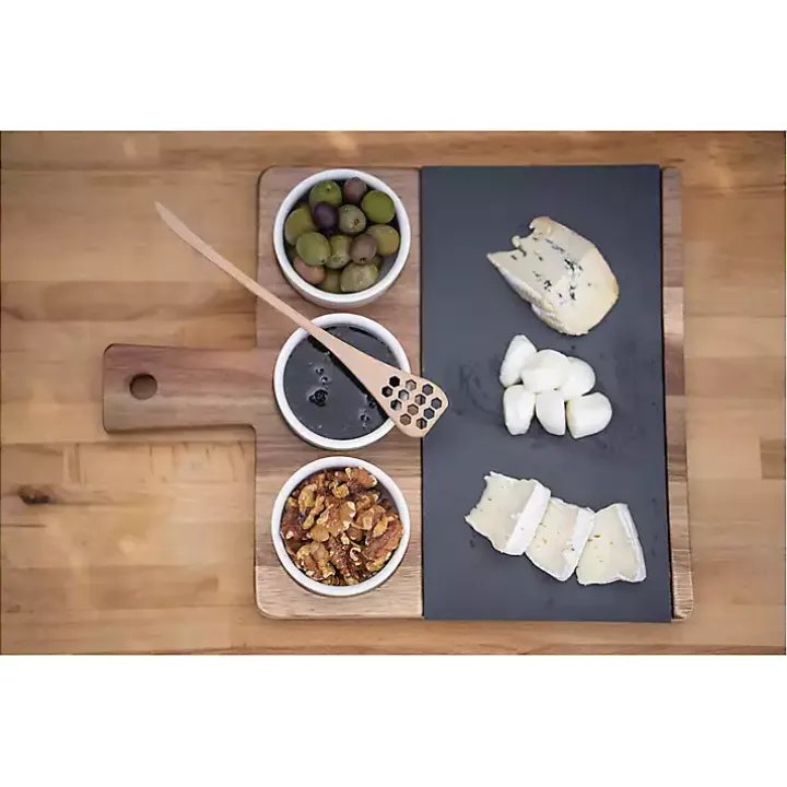 3-Bowl Slate and Wood Serving Board