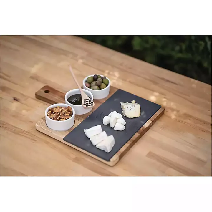 3-Bowl Slate and Wood Serving Board