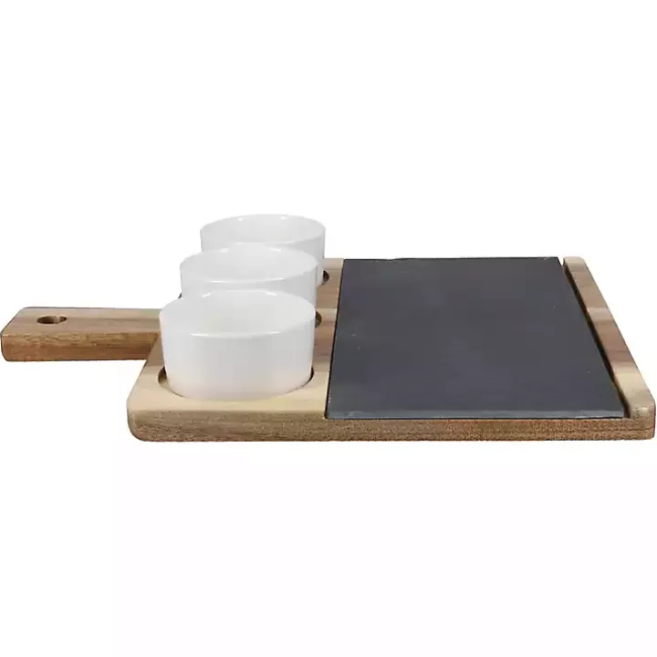3-Bowl Slate and Wood Serving Board