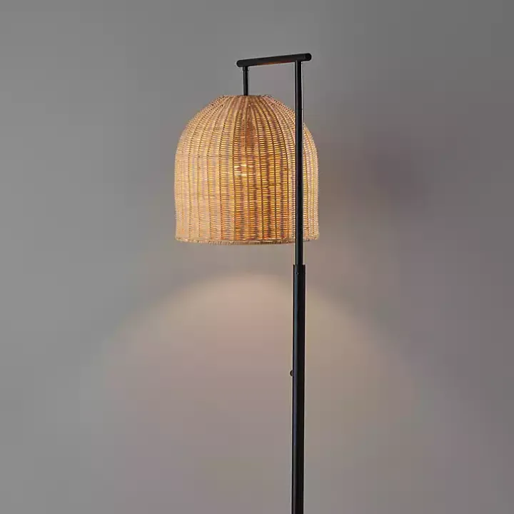 Bronze and Woven Rattan Stem Floor Lamp