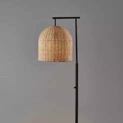 Bronze and Woven Rattan Stem Floor Lamp