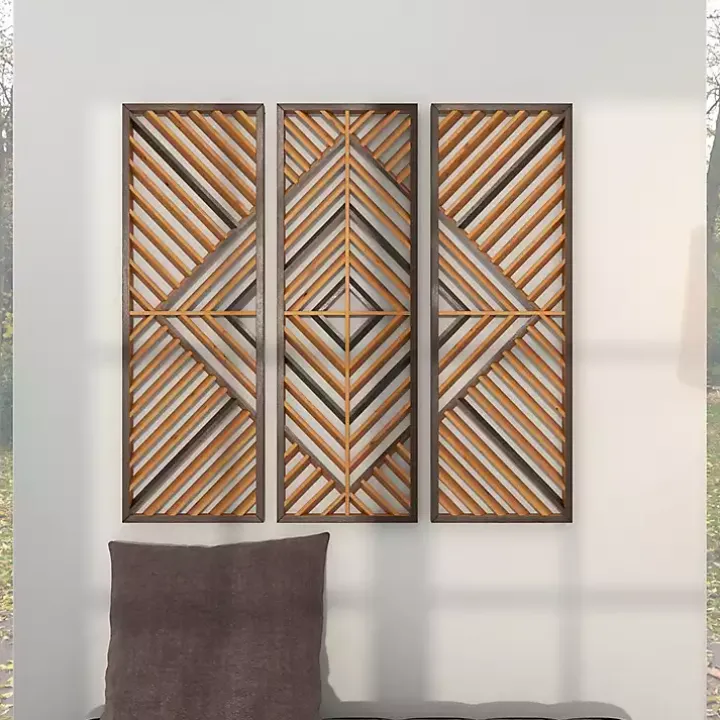 Bronze Tan Wood Geometric Wall Plaques, Set of 3