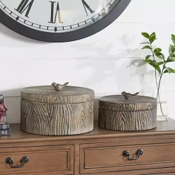 Bronze Tree Bark Round Metal Boxes, Set of 2