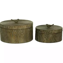 Bronze Tree Bark Round Metal Boxes, Set of 2