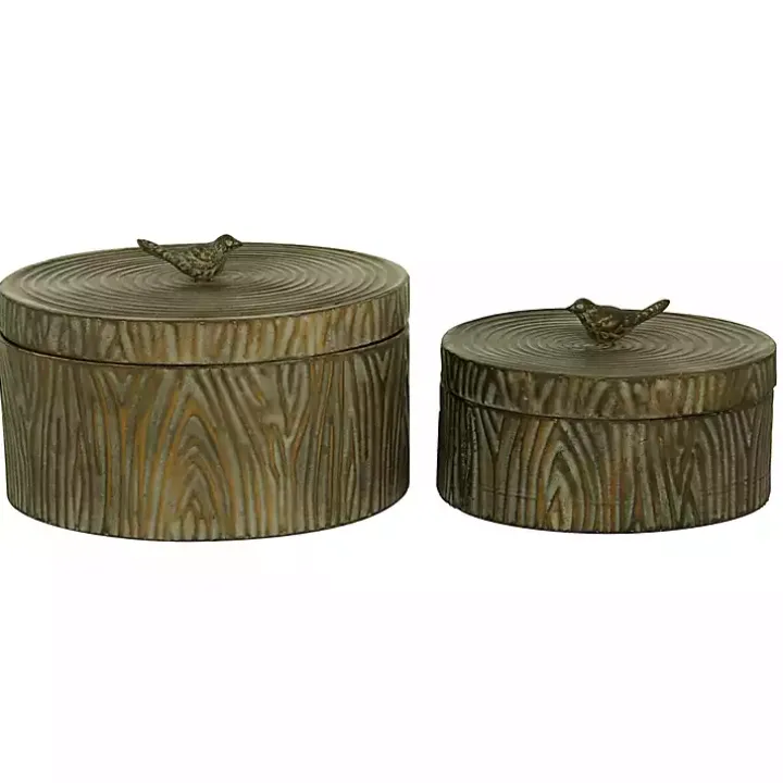 Bronze Tree Bark Round Metal Boxes, Set of 2