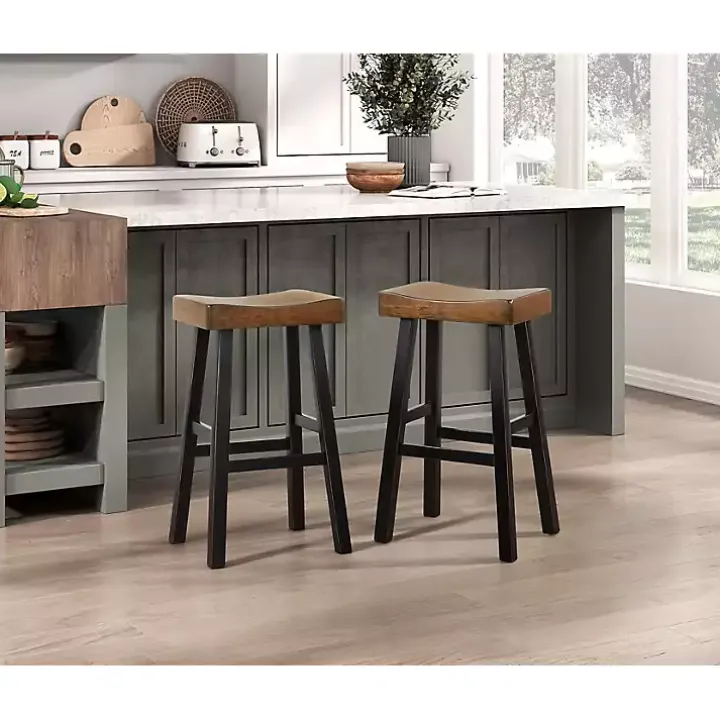 Brown & Black Wood Bar Stools, Set of 2