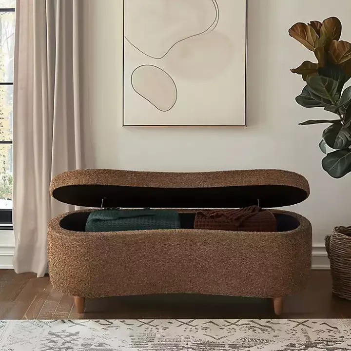 Brown Boucle Flip-Top Storage Bench