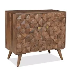 Brown Carved Wood Woven 2-Door Cabinet