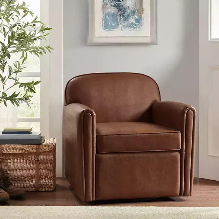 Brown Faux Leather Swivel Club Chair