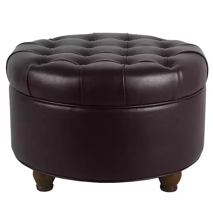 Brown Faux Leather Tufted Round Storage Ottoman