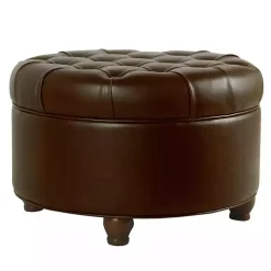 Brown Faux Leather Tufted Round Storage Ottoman