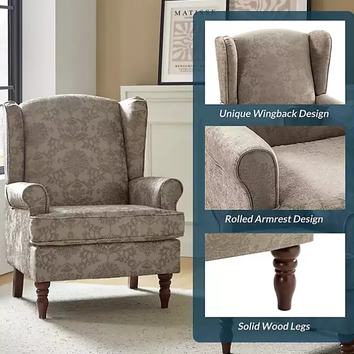 Brown Floral Brocade Wingback Ella Armchair