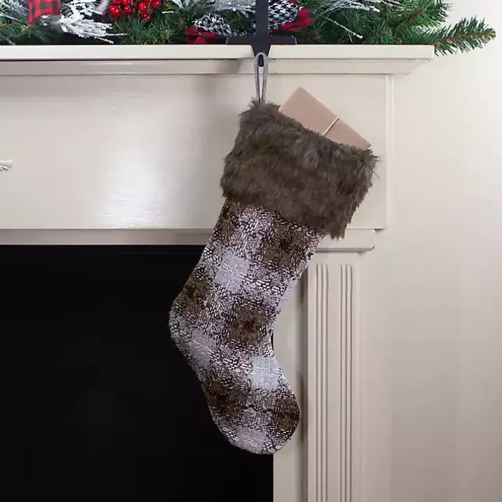 Brown Knitted Plaid Fur Cuff Stocking