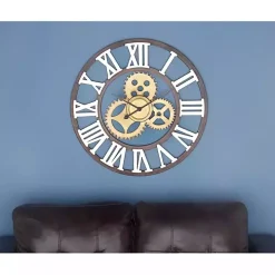 Brown Metal Open Face Gold Gears Wall Clock
