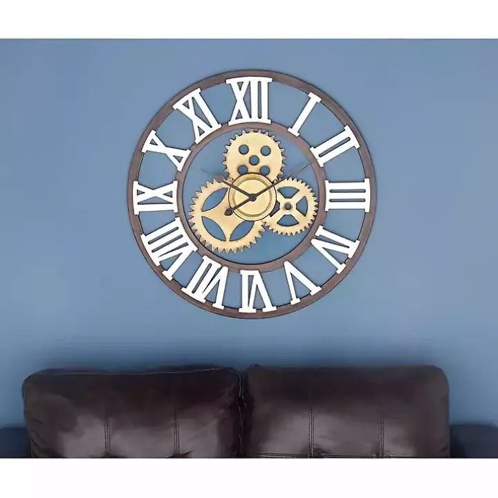 Brown Metal Open Face Gold Gears Wall Clock