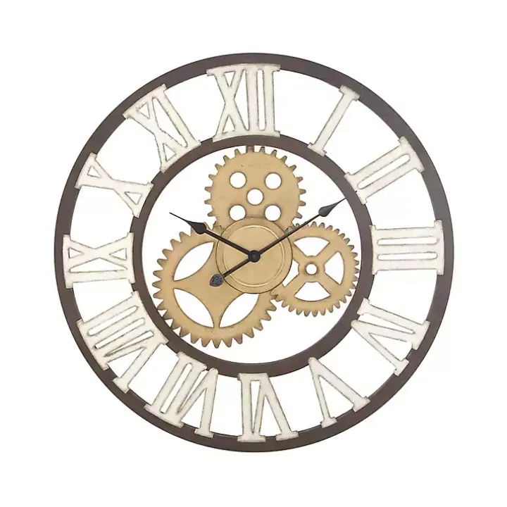 Brown Metal Open Face Gold Gears Wall Clock