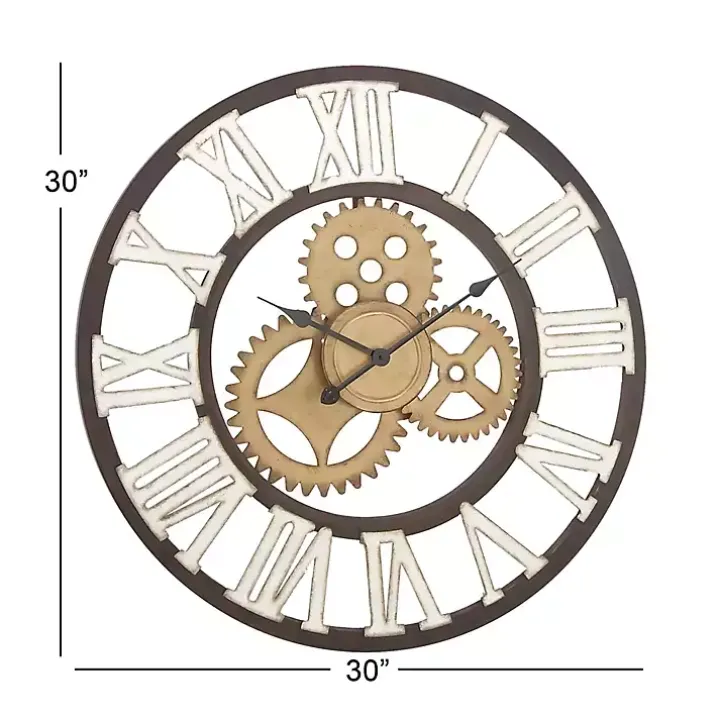 Brown Metal Open Face Gold Gears Wall Clock