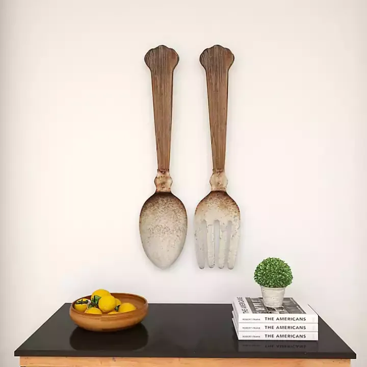 Brown Metal Utensils Wall Plaques, Set of 2