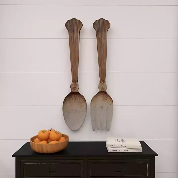 Brown Metal Utensils Wall Plaques, Set of 2