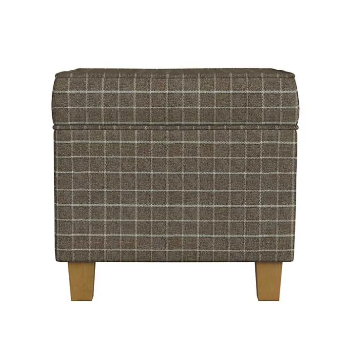 Brown Plaid Upholstered Square Storage Ottoman