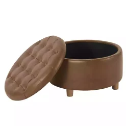 Brown Round Faux Leather Tufted Storage Ottoman