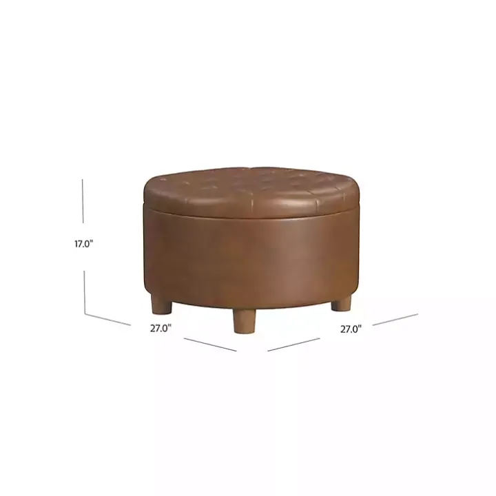 Brown Round Faux Leather Tufted Storage Ottoman