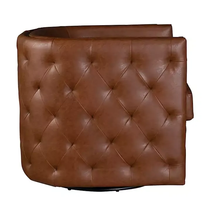 Brown Tufted Faux Leather Barrel Swivel Chair