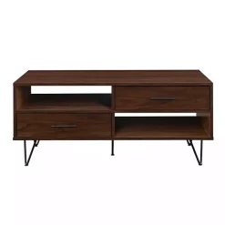Brown Wood & Black Metal Hairpin Legs Coffee Table