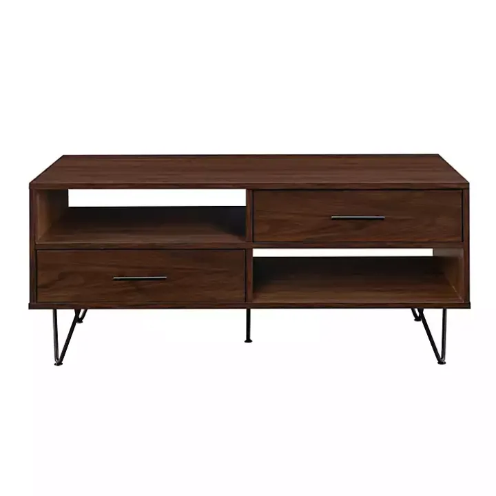 Brown Wood & Black Metal Hairpin Legs Coffee Table