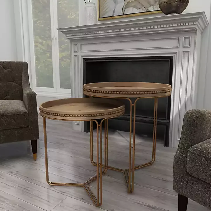 Brown Wood Beaded Nesting Side Tables, Set of 2