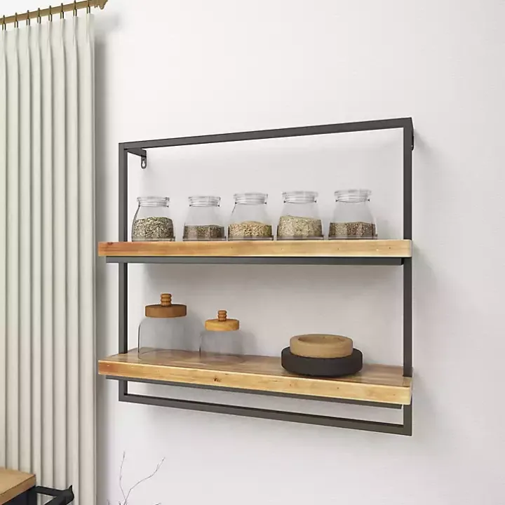 Brown Wood Black Metal Frame Wall Shelves