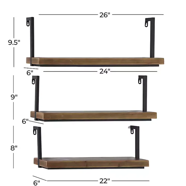 Brown Wood Black Metal Frame 3-pc. Wall Shelves