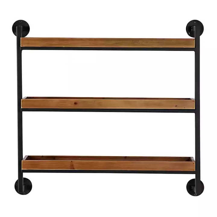 Brown Wood Black Metal Pipe Frame Wall Shelf