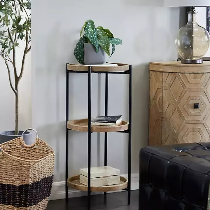 Brown Wood Mesh Woven 3-Tier Accent Table