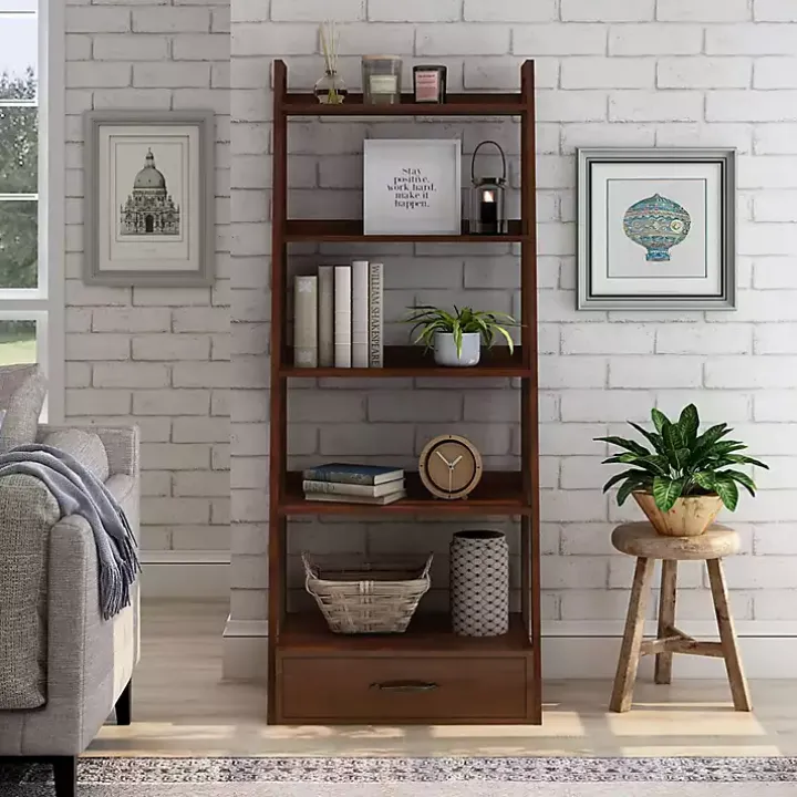 Brown Wood 5-Shelf Leaning Bookshelf