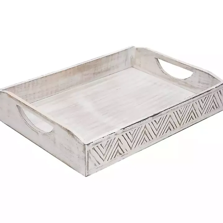 Brushed White Chevron Carved Trays, Set of 2