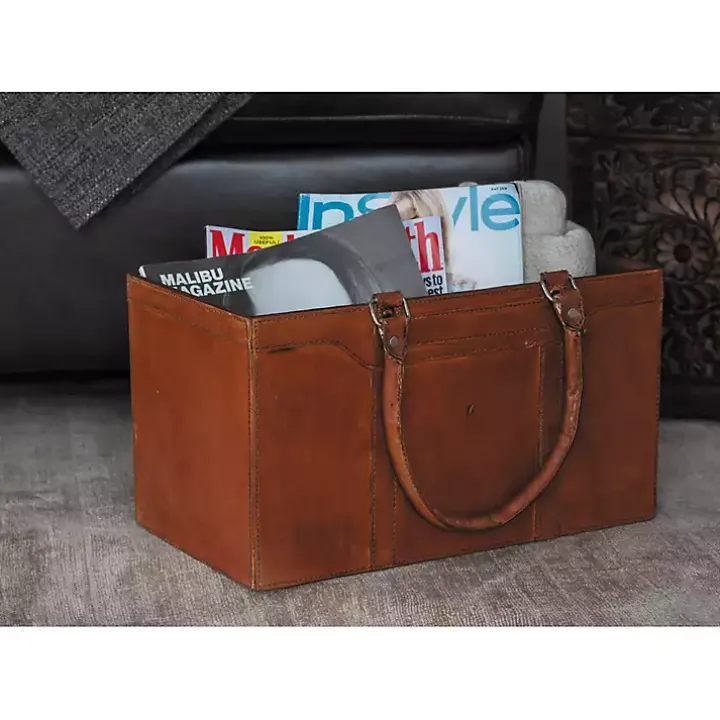 Camel Rustic Leather Magazine Rack Basket