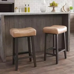 Camel Wood and Leather Backless Stool